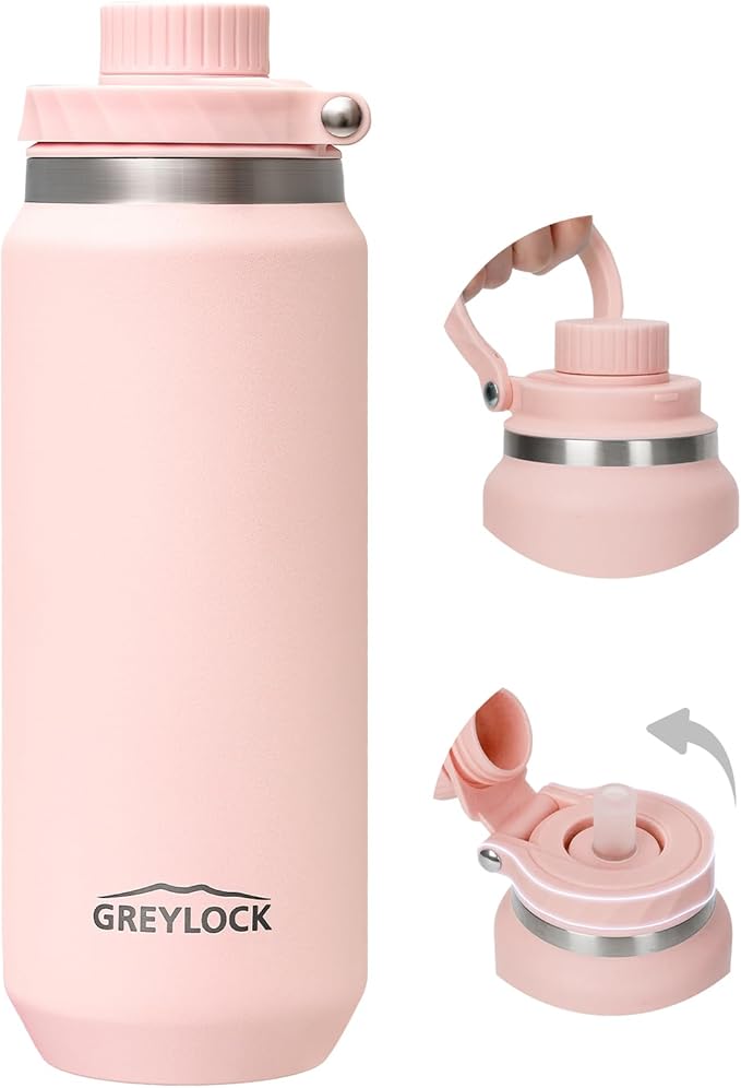 Greylock 20 oz Insulated Water Bottle with Straw Lid, Reusable Stainless Steel Sports Water Bottles with Foldable Handle, Leak Proof, Double-Wall Vacuum Insulation, 24 Hours Cold (Light Pink)
