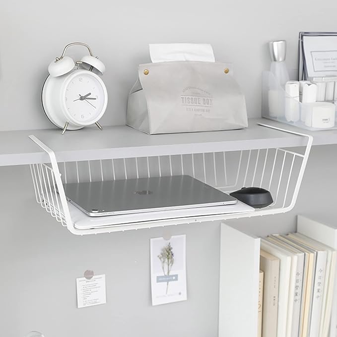 Under Shelf Basket, 2 x Medium Metal Wire Kitchen Storage Basket, Space Saving Sliding Organizer for Pantry, Cabinet & Closet Shelves, 22 lb Capacity, White