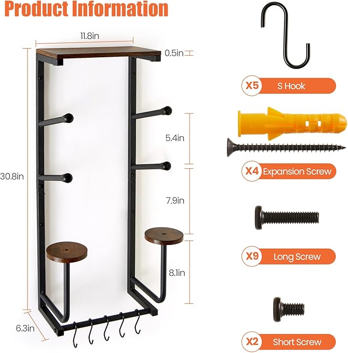 Skateboard Wall Mount Rack - Display Shelf & Hanger for Longboard, Snowboard, Boards with 2 Wooden Helmet Stands & 5 Gear Hooks (Black)