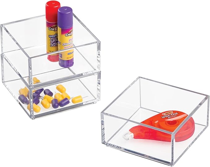 mDesign Plastic Square Desk Organizer - Create Section for Home Office Drawers, Desktop - Holds Pens, Paper Clips, Notebooks and Other Office Supply Accessory - Lumiere Collection - 3 Pack, Clear