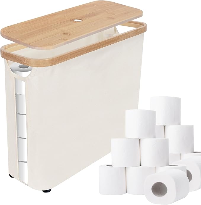 SOLY Slim Toilet Paper Storage Basket with Lid - Stackable & Foldable Organizer for 12 Mega Rolls, Waterproof Bathroom Storage, Beige