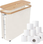 SOLY Slim Toilet Paper Storage Basket with Lid - Stackable & Foldable Organizer for 12 Mega Rolls, Waterproof Bathroom Storage, Beige