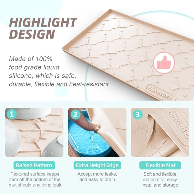 SIKADEER Waterproof Under Sink Mat 22x19, Raised Edge Silicone Mat Under Sink Shelf Liner, Sink Protector Kitchen Cabinet Tray for Bathroom Vanity and Small Cabinets, Cat Food Mat