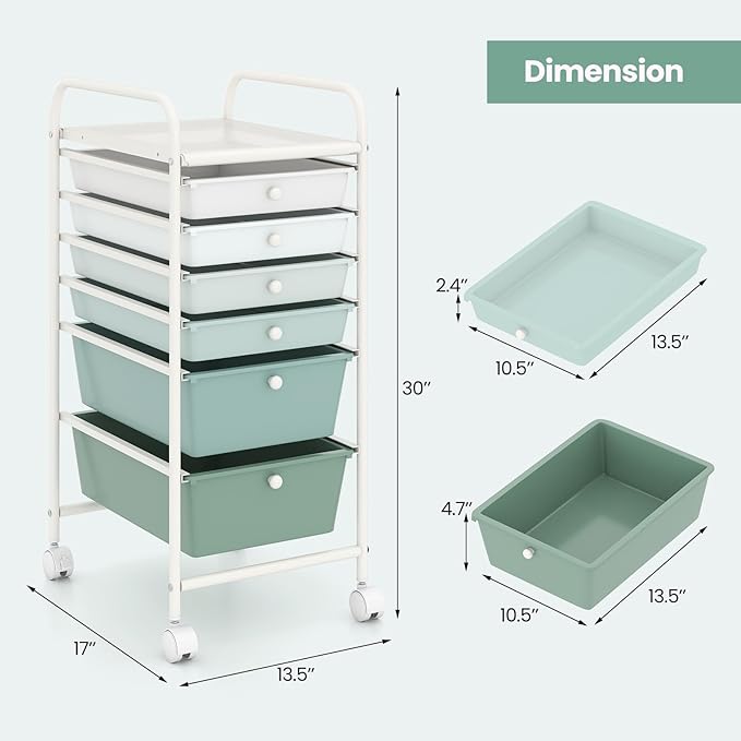 Giantex 6 Storage Drawer Cart Rolling Organizer Cart for Tools Scrapbook Paper Home Office School Multipurpose Mobile Utility Cart, Green Gradient