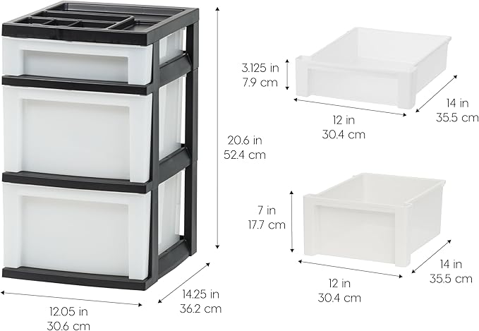 IRIS USA Plastic Drawer Storage Organizer Rolling Cart, 3-Drawers, for Classroom Art Craft Supplies Dresser Closet Bathroom Laundry Room, Black/Pearl