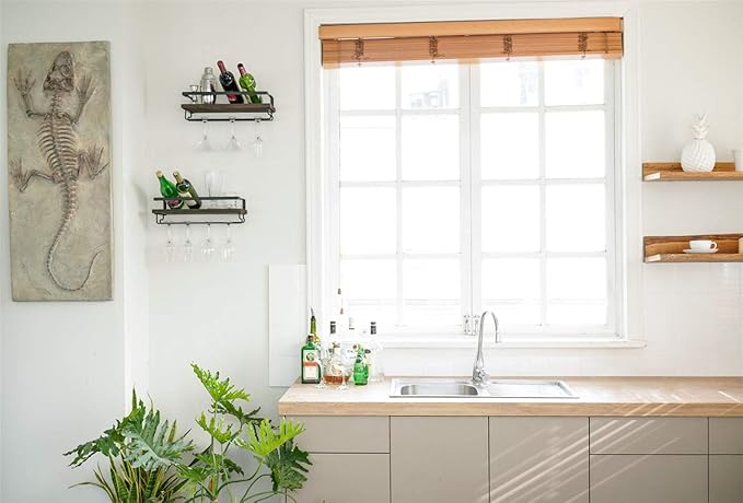Mkono Wall Mounted Wine Rack Set of 2 Wood Rustic Wine Bottle Glass Floating Shelves with Stemware Hanger Modern Plants Photos Wine Display Storage Holder for Kitchen Dining Room Bar, 17 Inch