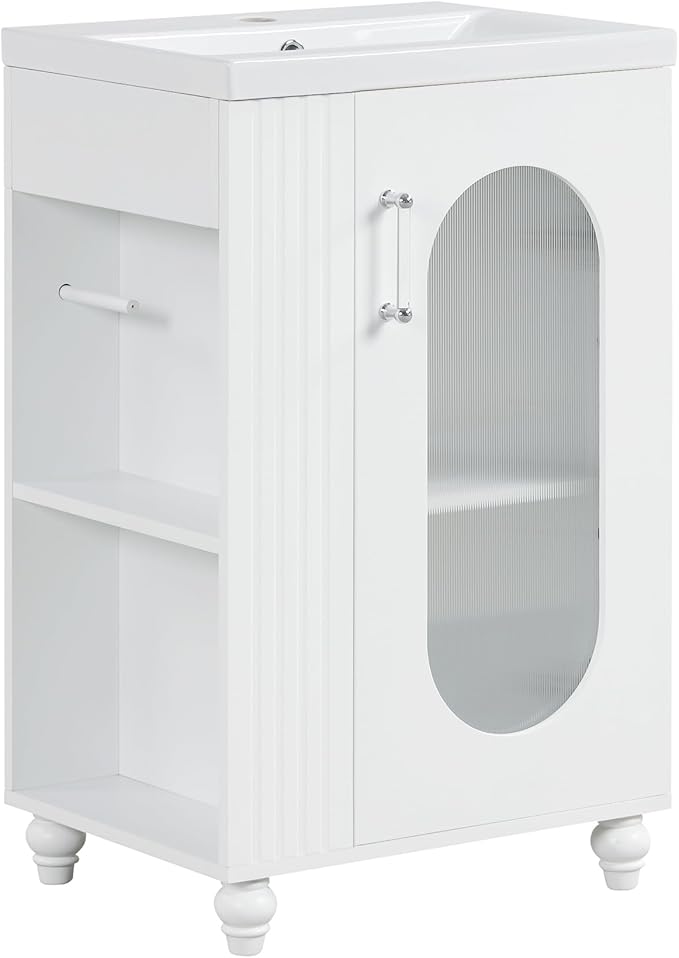 20" Small Bathroom Vanity with Sink and Glass Door, Storage Shelf & Toilet Paper Holder,Solid Wood & MDF Modern Single Bathroom Sink Cabinet with Shelves,Freestanding,White