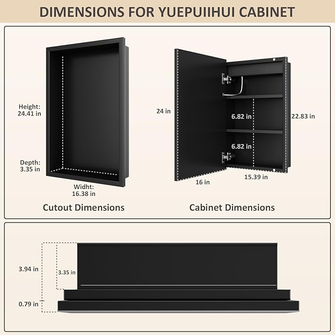 16X24 Inch Bathroom Medicine Cabinet with Mirror, Adjustable 3-Color Brightness Dimming LED Mirror Cabinet Recessed or Wall Mounted, Black Medicine Cabinet with Lights, Defogger