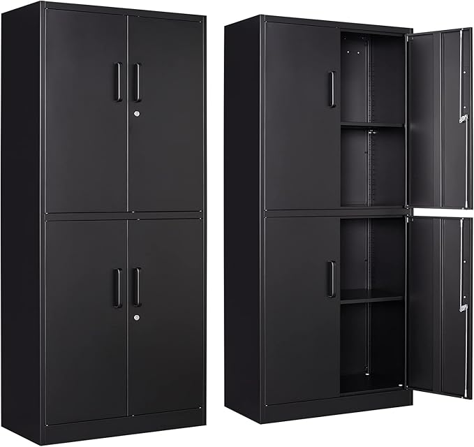STANI Metal Storage Cabinet, Locking Steel Cabinet with 4 Doors and 2 Adjustable Shelves, 71" Tall Steel Cabinet for Home Office, Garage, School (Black)