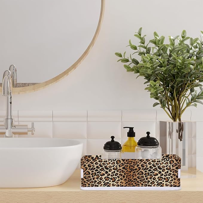 Leopard Print Bathroom Basket Foldable Toilet Tank Topper Paper Basket Waterproof Fabric Storage Organizer Bins Decorative Open Storage for Home Closet Containers Cabinet Set of 2