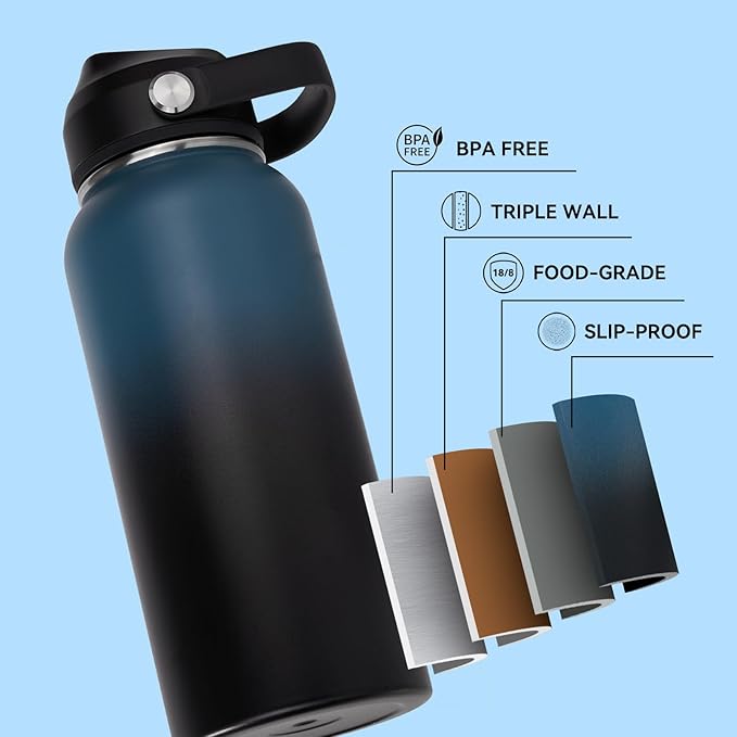 32oz Insulated Stainless Steel Water Bottle, Wide Mouth Double Wall Vacuum, Silicone Straw, Sweat & Leak Proof, BPA Free Insulated Water Flask for Travel, Keep Cold 24h Hot 12h, Blue