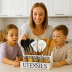 Large Wooden Kitchen Utensil Holder with 4 Compartments | White Farmhouse Utensil Organizer for Countertop, Rustic Cooking Utensil Caddy, Silverware & Spoon Storage | White Wood Grain
