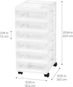 IRIS USA Plastic Drawer Storage Organizer Rolling Cart, 2-Pack, with Wheels Casters, 6-Drawers, for Classroom Art Craft Supplies Dresser Closet Bathroom Laundry Room, White/Clear