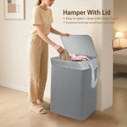 Foldable Laundry Hamper with Lid & Laundry Bag with Drawstring,Portable Laundry Basket with Easy Carry Handles,Clothes Hamper Space Saving Organizer for Bathroom,Bedroom,College Dorm,RV,Grey