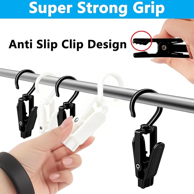 VinBee 20 PCS Laundry Hooks with Clips Super Strong Plastic Home Travel Swivel Hanging Hanger Closet Organizer Clamps Socks Boot Bras Towels for Bathroom Wardrobe Kitchen - 4.3 Inches (Black+White)