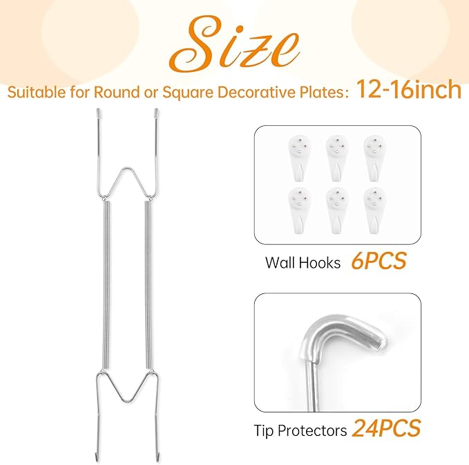 Bilillo 6 Pack Plate Hangers for The Wall, Suitable for 12-16 inch Art Plate, Stainless Steel Invisible Heavy Duty Wire Plate Holder with Wall Hooks, Plate Hangers for Displaying Plates, Silver
