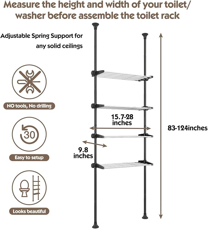 YeYeBest Over The Toilet Storage, 91-124 Inch Adjustable Bathroom Organizer, 4-Tier Stainless Steel Toilet Rack Storage Shelf, Bathroom Organizer, Easy to Assemble Spacesaver, DIY Size Height, Black