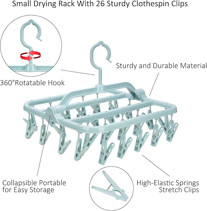 Foldable Clip Hangers with 26 Drying Clips, Underwear Hanger with Clips, Plastic Laundry Clip and Drip Drying Hanger for Socks, Bras, Lingerie, Clothes, Sturdy, Blue
