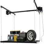 Overhead Garage Storage Rack, 48 * 48in Metal Garage Ceiling Rack Adjustable Organization System 300 Lbs Capacity Dual-Rope Design Riveted Construction Perforated Plates Smooth Edge