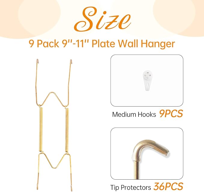 Bilillo 9 Pack Plate Hangers for The Wall, Suitable for 9-11 inch Art Plate, Stainless Steel Invisible Heavy Duty Wire Plate Holder with Wall Hooks, Plate Hangers for Displaying Plates, Platter, Dish