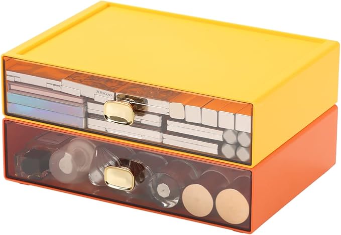 Spacious Desktop Storage Box, 2 Large Storage Drawers, Stackable Office Desk Drawer Organizer and Accessories, Printer Paper Organizer, Orange & Yellow Plastic Drawers for Workspace & Home