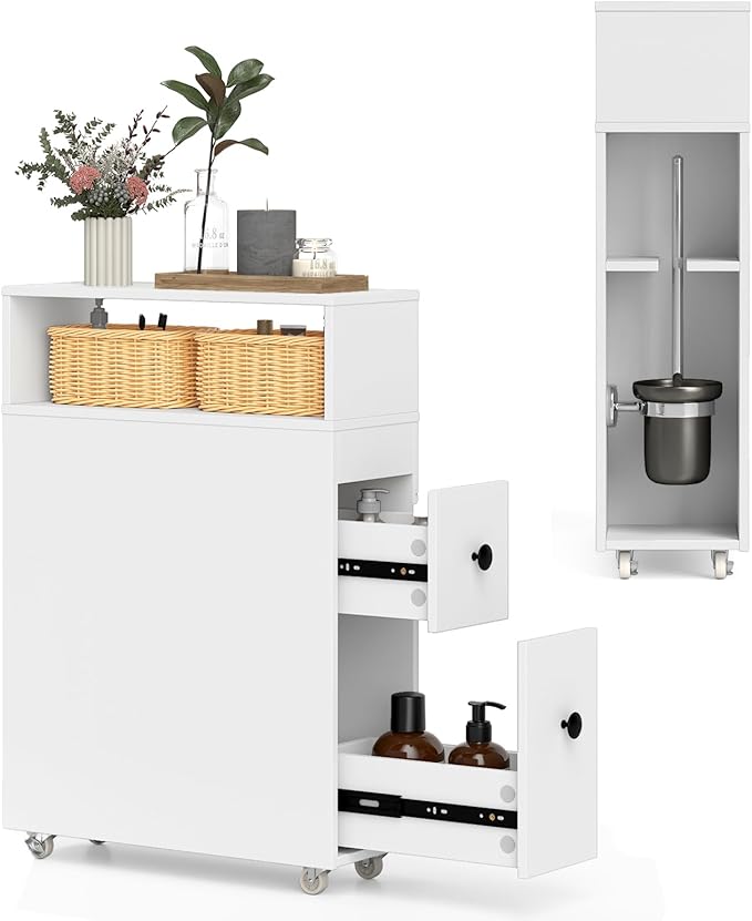 Giantex Small Bathroom Storage Cabinet - Slim Organizer with Wheels, 2 Drawers, 2 Baskets, Brush Holder, Over The Toilet Storage for Skinny Corner, Narrow Spaces