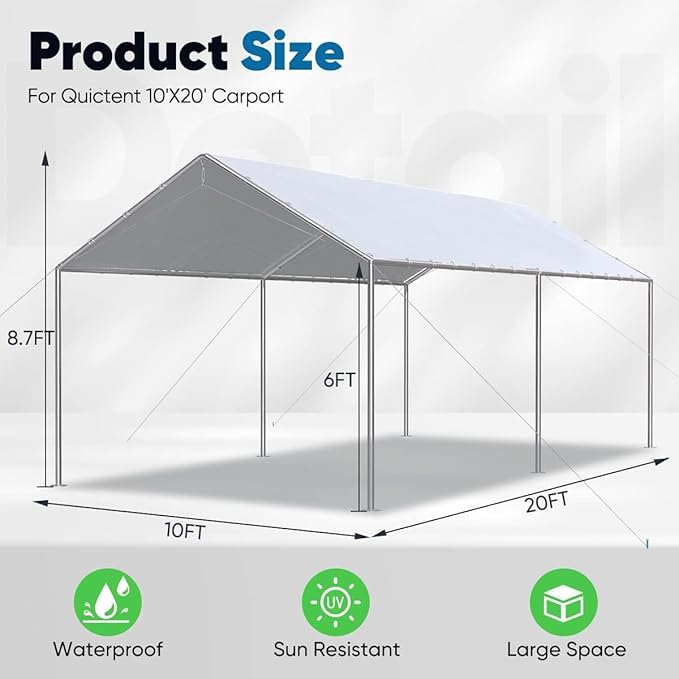 Quictent 10x20 ft Heavy Duty Car Canopy Galvanized Frame Carport Outdoor Party Tent Boat Shelter with 3 Reinforced Steel Cables - Gainsboro