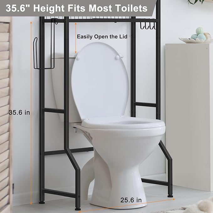 smusei Over The Toilet Storage Shelf, 3 Tier Bathroom Organizer Over The Toilet with Hooks and Toilet Paper Holder Freestanding Wooden Above Toilet Storage Cabinet Rack, Rustic Brown