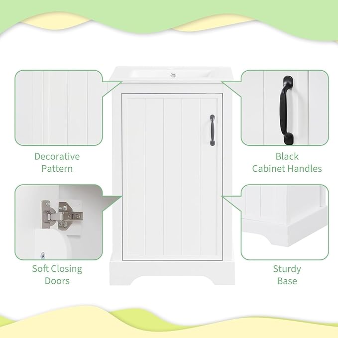20 in Small Bathroom Vanity with Sink,Soft Close Door and Adjustable Shelf,Wood Modern Single Bathroom Sink Cabinet,Freestanding (White)