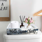 Lnond Rustic Bathroom Decor Box, Bathroom Toilet Tank Tray Storage Basket, Hello Sweet Cheeks Bathroom Wooden Toilet Paper Basket with Handle, Navy Blue