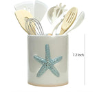 Ceramic Starfish Embossed Utensil Holder, Large Cooking Utensil Crocks for Countertop, Ocean Style Utensil Organizer for Spatula