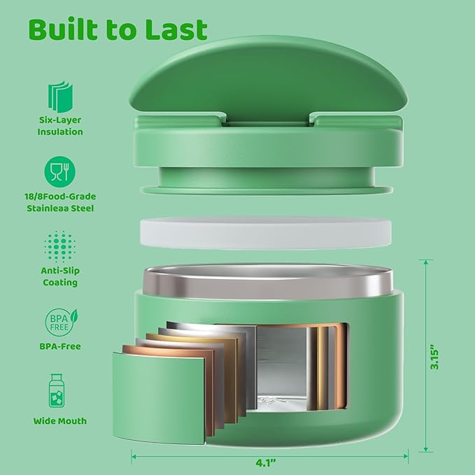 12oz Soup Thermo for Hot Food Kids Vacuum Insulated Food Jar Twist-Free Soup Thermo for Hot Food Kids Leakproof Stainless Steel Wide Mouth Lunch Container (Green)