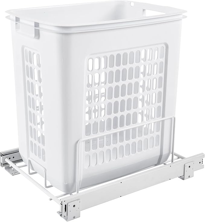 Rev-A-Shelf Pullout 20" Deep Cabinet Floor Steel Mounted Polymer Plastic Clothes Laundry Hamper with Full Extension Slides, White, HPRV-1520 S - Hidden Storage Organizer for Laundry Room and Bathroom