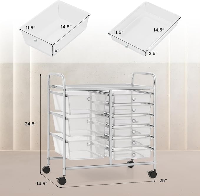 RELAX4LIFE 9 Drawer Rolling Storage Cart - Mobile Drawer Carts for Craft Art Supply Paper Salon, Utility Cart on Wheels for Classroom Teacher School Office, Rolling Cart with Drawers (Clear)