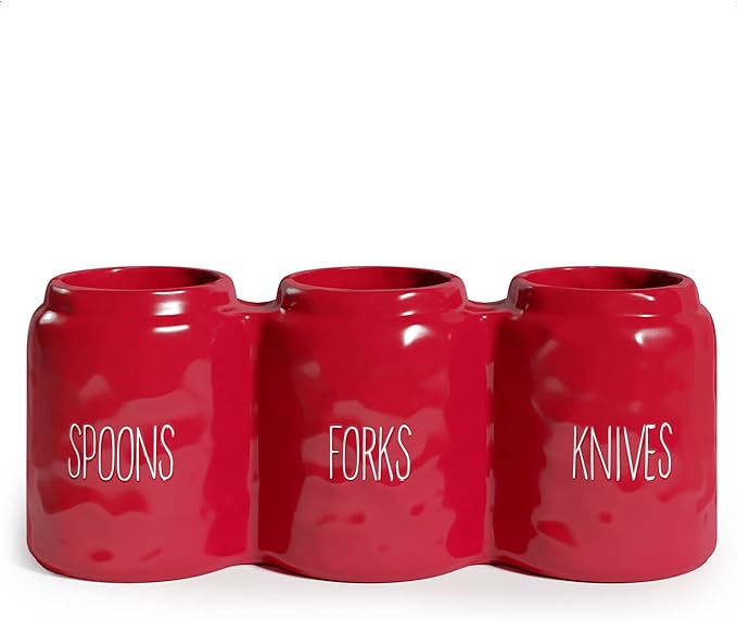 Barnyard Designs Silverware Caddy for Countertop - Cutlery Organizer for Spoon, Fork, and Knife - Ceramic Utensil Holder for Flatware or Plasticware - Perfect for Parties - 12.5” x 4.25” x 5” (Red)