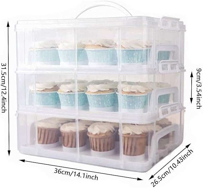 FEOOWV 3 Tier Cupcake Carrier with Lid,Holds 36 Cupcakes or 3 Large Cakes Food Transporter Container with 3 Tier Stackable Layer Insert