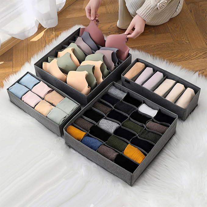 Underwear Organizer with Drawer Dividers, Foldable Fabric Dresser Closet Organizers Bins, Bedroom Cabinet Organization and Storage Box for Baby Clothes, Undies, Ties，Sock-Dark Grey (16cell)