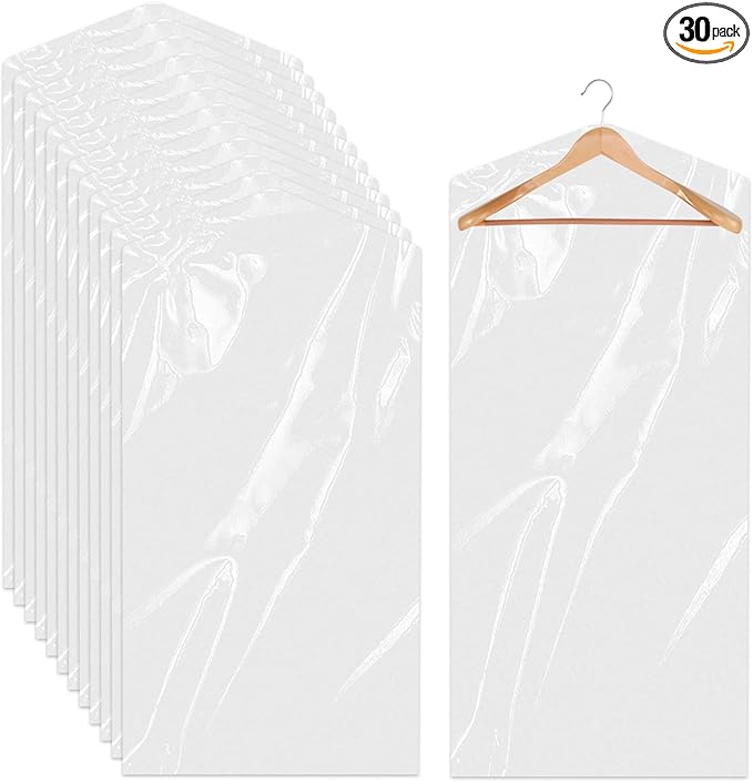 30 Pack Clear Dress Covers for Hanging Plastic Garment Bags 23.6 x 51.2 Inch Transparent Dry Cleaning Bags Dust-proof Garment Covers for Dry Cleaner, Home Storage, Travel