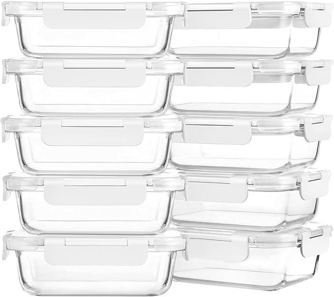M MCIRCO 10-Pack 22 Oz Glass Meal Prep Containers with Lids - Microwave, Oven, Freezer & Dishwasher Safe - White
