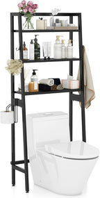 Tangkula Over-The-Toilet Storage Rack, 3-Tier Freestanding Bathroom Space Saver Shelf w/ 2 Hanging Hooks & Toilet Paper Holder, Metal Above Toilet Storage Rack for Bathroom Laundry (Black, 62.5”H)