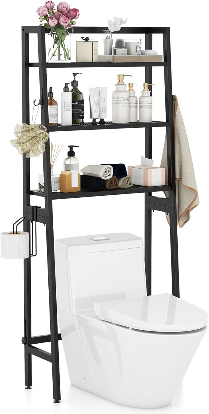 Tangkula Over-The-Toilet Storage Rack, 3-Tier Freestanding Bathroom Space Saver Shelf w/ 2 Hanging Hooks & Toilet Paper Holder, Metal Above Toilet Storage Rack for Bathroom Laundry (Black, 62.5”H)