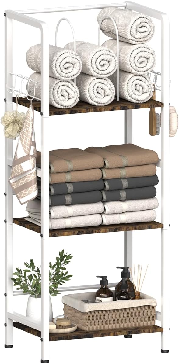 Free Standing Towel Racks for Bathroom with U-Shaped Detachable Dividers, 3-Tier Floor Towels Holder Stand with Shelf & 8 S-Hooks, Metal Pool Towel Storage Organizer for Home, Poolside, White