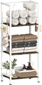 Free Standing Towel Racks for Bathroom with U-Shaped Detachable Dividers, 3-Tier Floor Towels Holder Stand with Shelf & 8 S-Hooks, Metal Pool Towel Storage Organizer for Home, Poolside, White