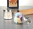SheeChung 2-Pack Brushed Nickel Mason Jar Qtip Holder - Glass Apothecary Jars Bathroom Organizer - Rust-Proof Stainless Steel Lid for Cotton Swabs, Balls, Pads, Flossers - Modern Farmhouse Decor
