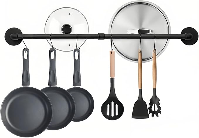 24 inch Pot Rack Wall Mounted Pot Hangers for Kitchen, Detachable Storage Organizer, Industrial Pipe Lids Utensils Hanging Rail Iron Holder with 6 S Hooks, Black