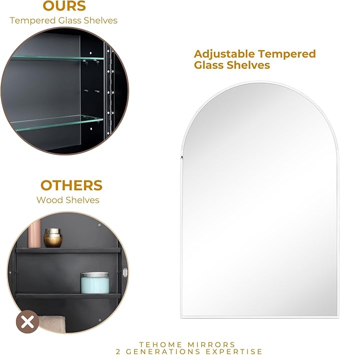 TEHOME 20 x 30'' Polished Nickel Arched Bathroom Medicine Cabinet with Mirror Recessed and Surface Mounted Medicine Cabinet Mirror