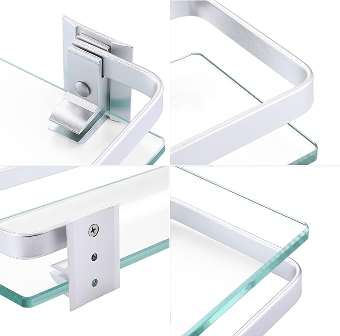KES Glass Shelf for Bathroom, Glass Floating Shelves Aluminum Tempered Rectangular 1 Tier Extra Thick Silver Wall Mounted, A4126A