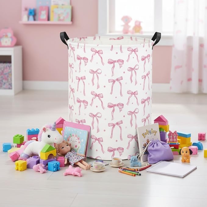 Baby Laundry Basket Kids Hamper Toy Storage Bin for Boys Room Decor Baby Nursery Hamper Gift Baskets for Bedroom Bathroom(Dot Bowknot)