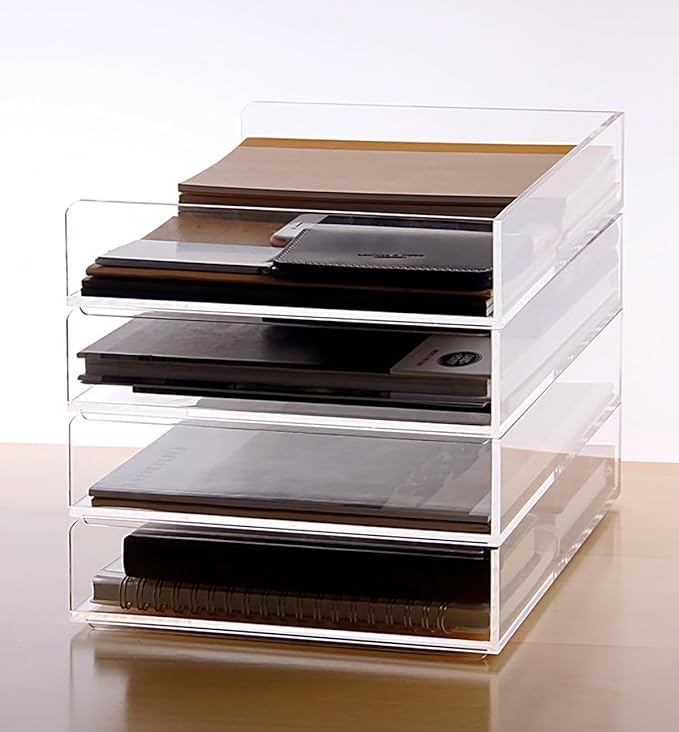 Elsjoy Set of 2 Acrylic File Tray, 2-Tier Stackable Paper Tray Clear Desktop File Organizer for Documents, Books, Magazine, Office, School