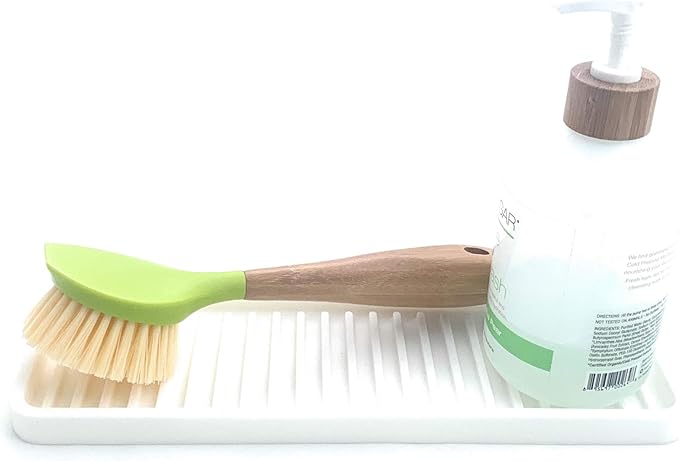 Happitasa Silicone Kitchen Sink Organizer Tray, Sponge Holder and Countertop Protector | Bathroom and Kitchen Soap Dish and Dispenser Tray (White, 12"x4")
